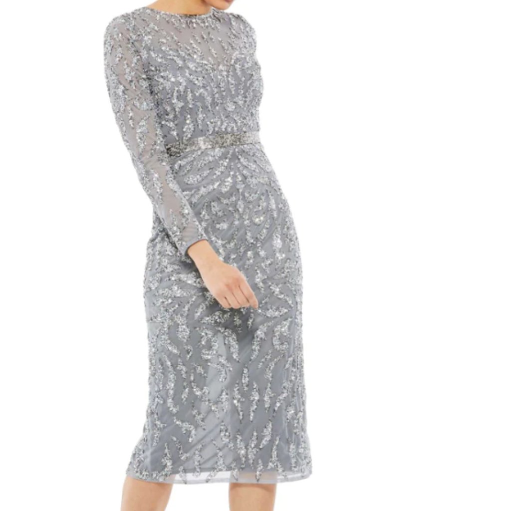 Mac Duggal 5521 Embellished Illusions Long Sleeve Sheath Platinum Dress 4